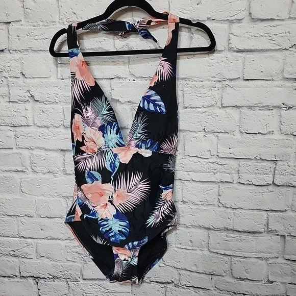 DKNY Women's Large One Piece Tummy‎ Control Swimsuit Black Floral Print Halter - Picture 2 of 7